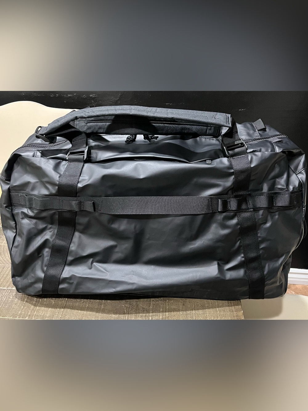 Away Black Roll-Top Duffel with Strap Detailing
